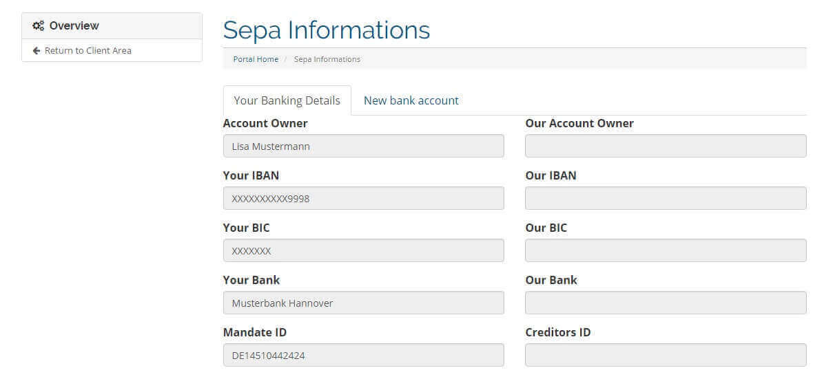 Kundenbereich des SEPA Lastschrift Modul
