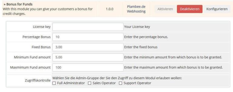 Einstellungen des Bonus for Funds Modul