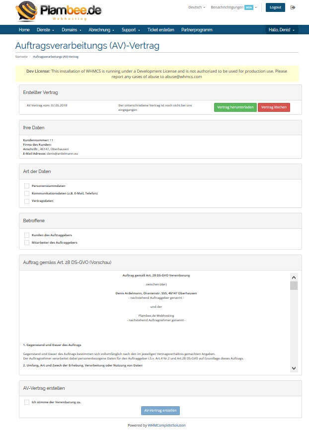 Kundenbereich AV Contract Modul