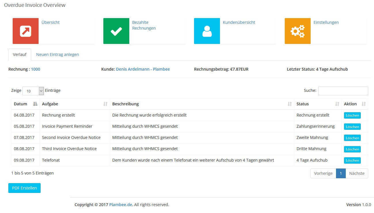 Detailsansicht des Overdue Invoice Overview Modul