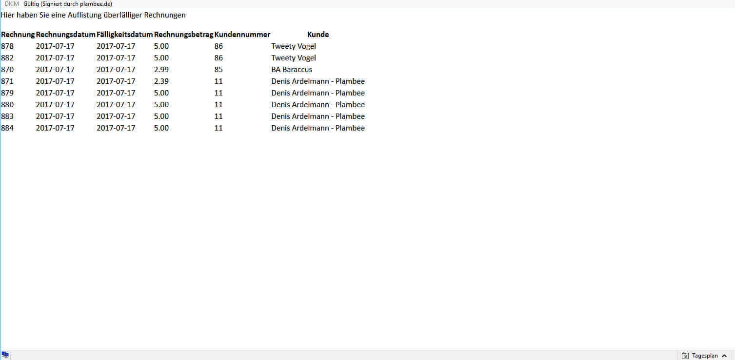 E-Mailbericht des Overdue Invoice Overview Modul