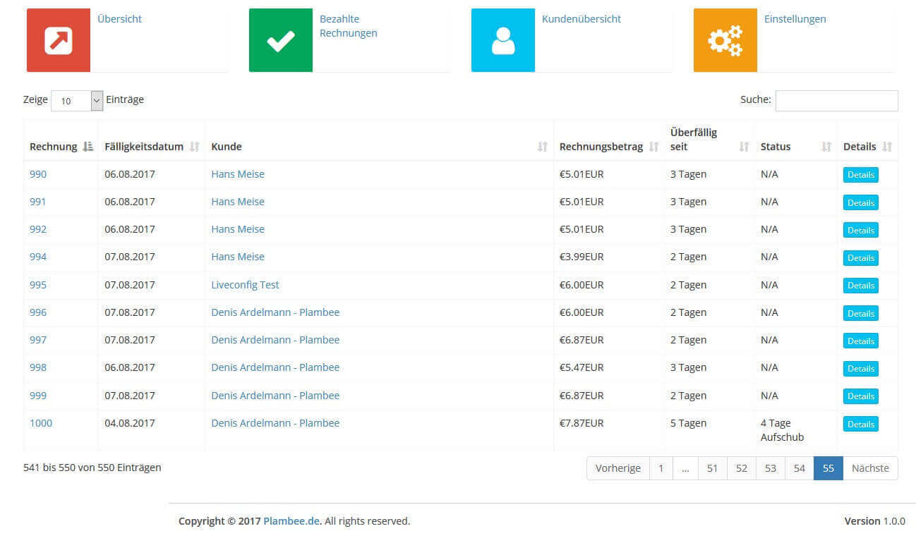 Übersicht des Overdue Invoice Overview Modul