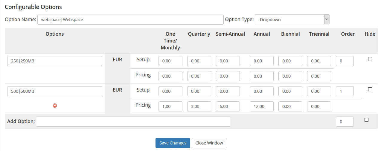 Einstellungsmaske für Config Options in WHMCS