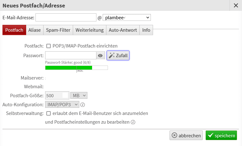 Einrichtungsmaske für die Postfacherstellung