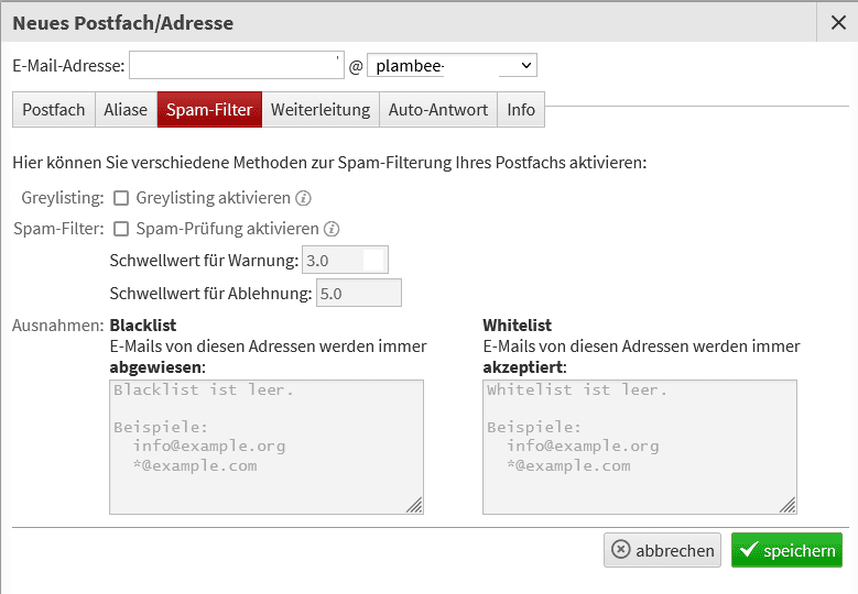 Einrichtungsmaske für den Spamfilter