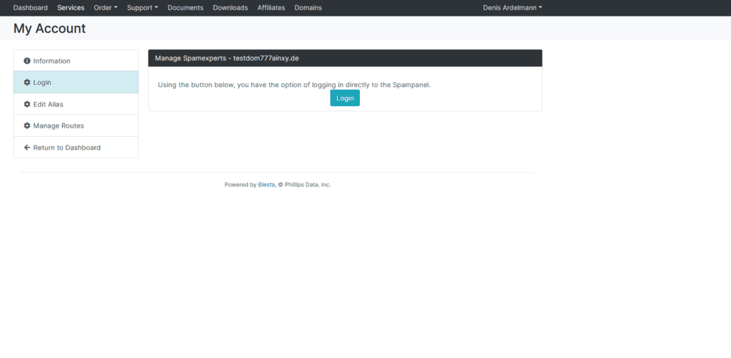 Kundenbereich mit direktem Login des SpamExperts Modul für Blesta
