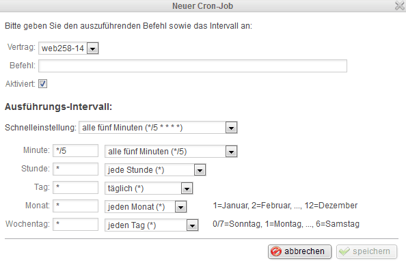 Einstellungsfenster für Cronjobs