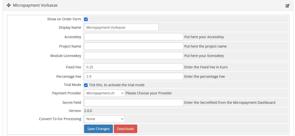 Micropayment Vorkasse Einstellungen für WHMCS