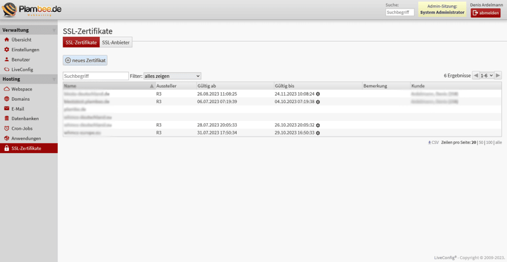 LiveConfig SSL Zertifikate